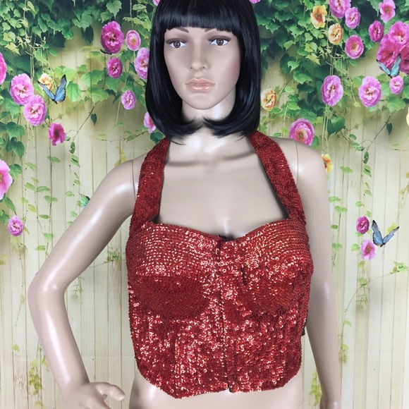 JC Red Sequin Bustier Top Size L (36) - Picture 2 of 5